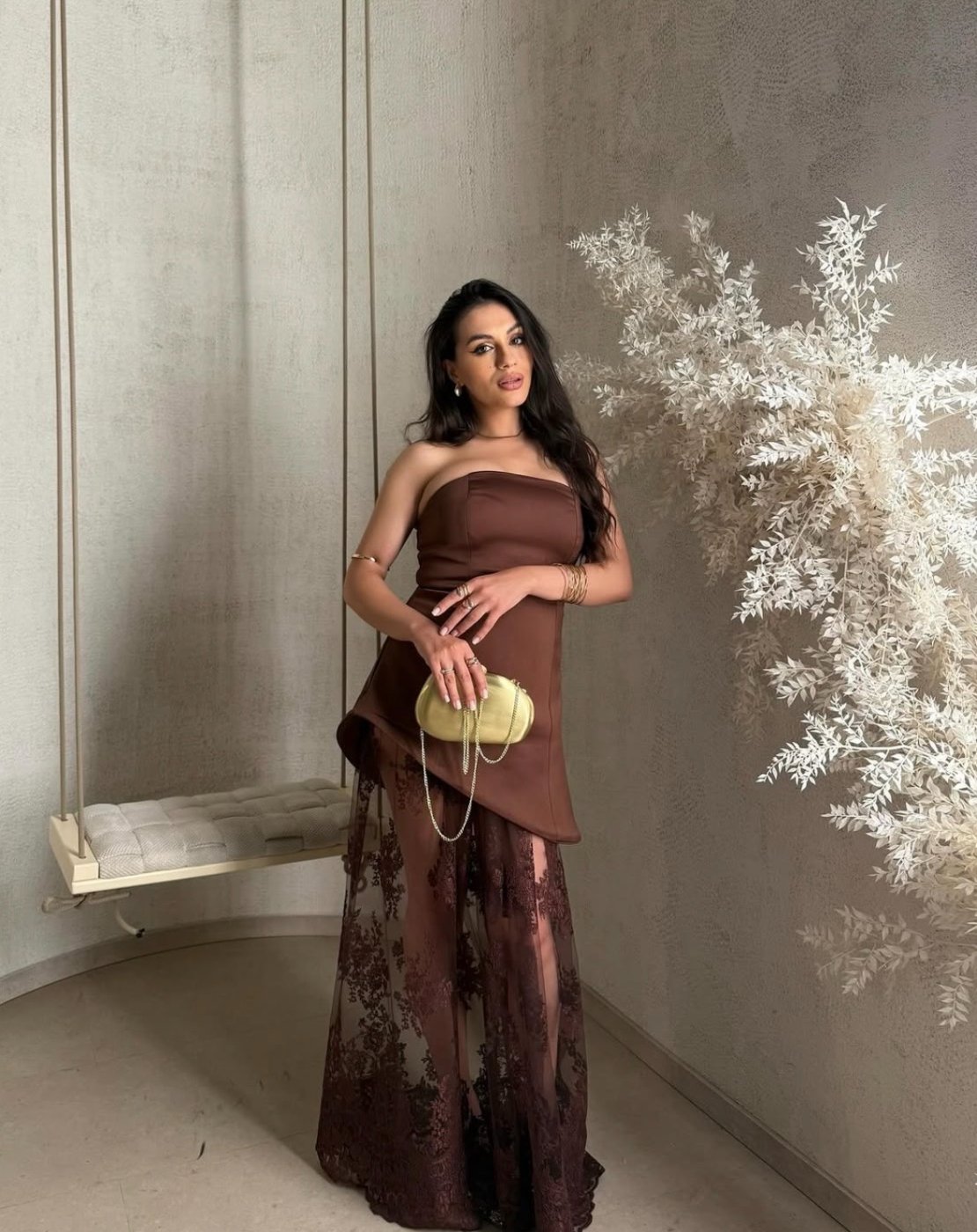 Rochie ciocolatiu cu dantelă - Atelier Cataleya